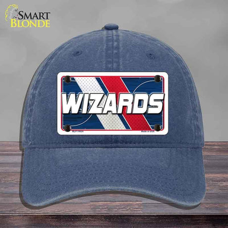 Blue cap with a 'Wizards' license plate design on a gray background