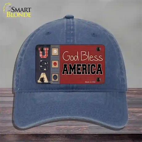 God Bless America Quilt Novelty License Plate Hat Unconstructed Cotton / Navy