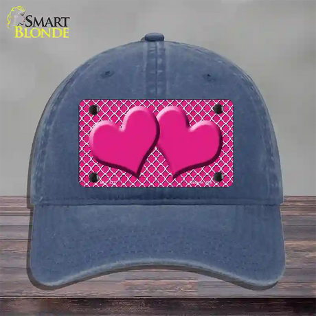 Pink White Quatrefoil Hot Pink Center Hearts Novelty License Plate Hat Unconstructed Cotton / Navy