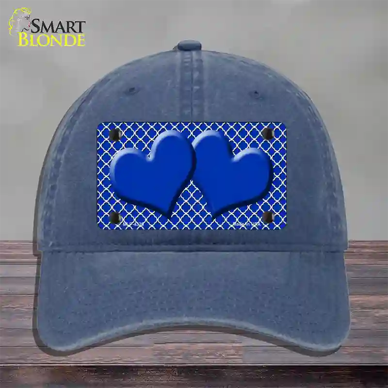 Blue White Quatrefoil Blue Center Hearts Novelty License Plate Hat Unconstructed Cotton / Navy