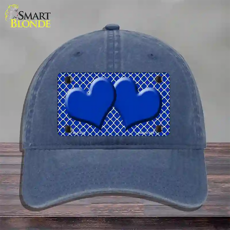 Blue White Quatrefoil Blue Center Hearts Novelty License Plate Hat Unconstructed Cotton / Navy