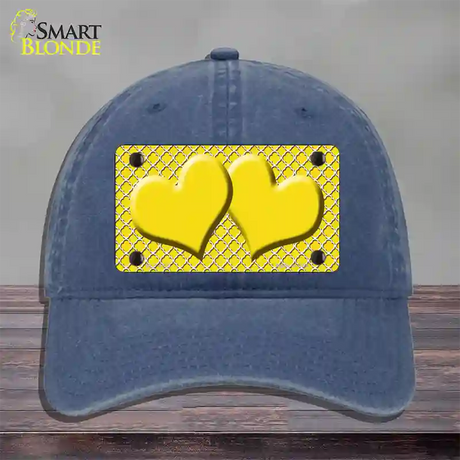 Yellow White Quatrefoil Yellow Center Hearts Novelty License Plate Hat Unconstructed Cotton / Navy