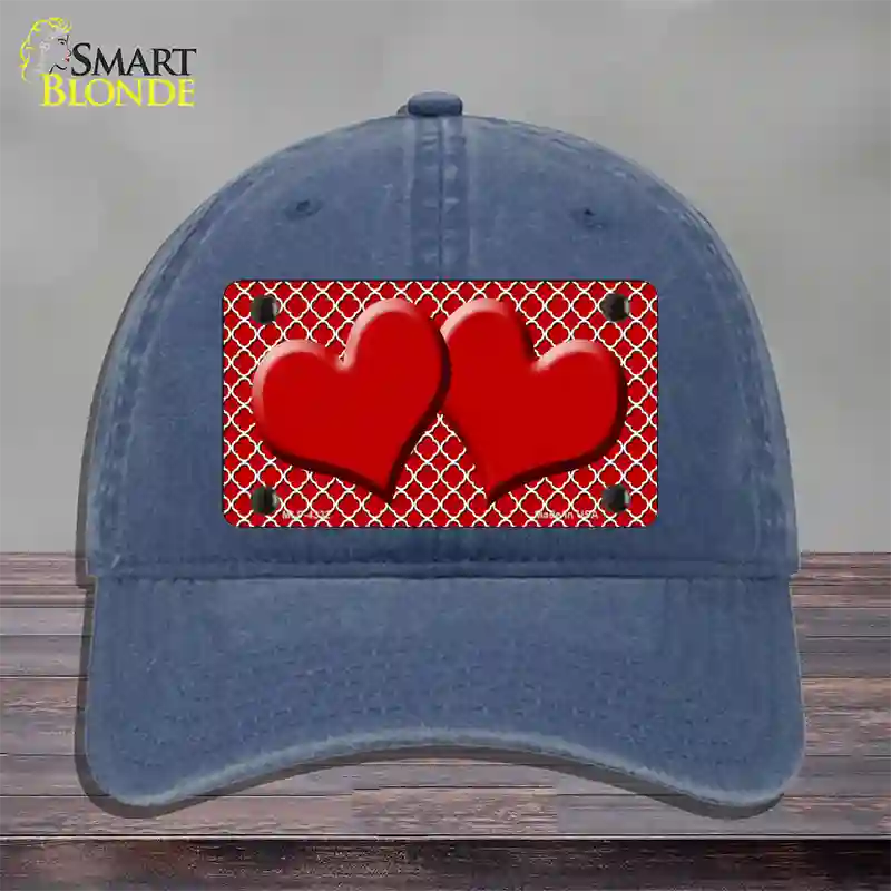 Red White Quatrefoil Red Center Hearts Novelty License Plate Hat Unconstructed Cotton / Navy