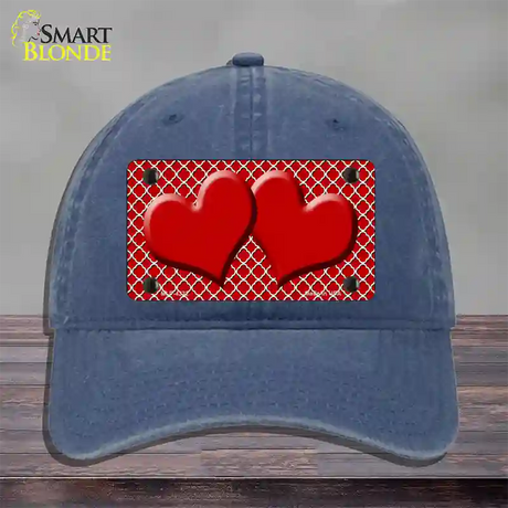 Red White Quatrefoil Red Center Hearts Novelty License Plate Hat Unconstructed Cotton / Navy