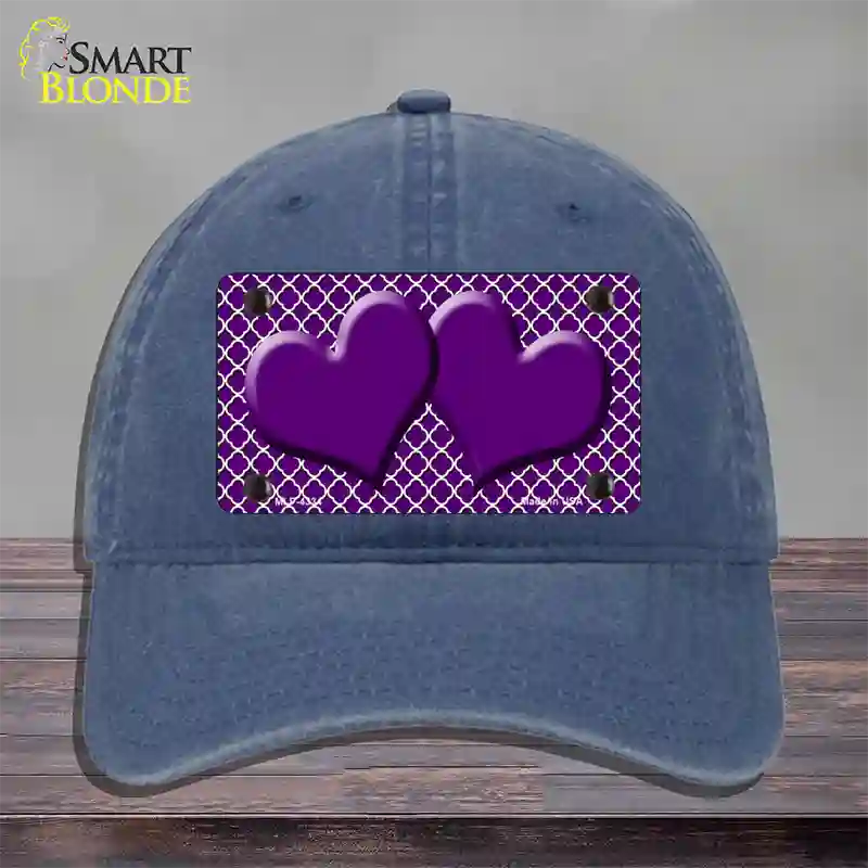 Purple White Quatrefoil Purple Center Hearts Novelty License Plate Hat Unconstructed Cotton / Navy