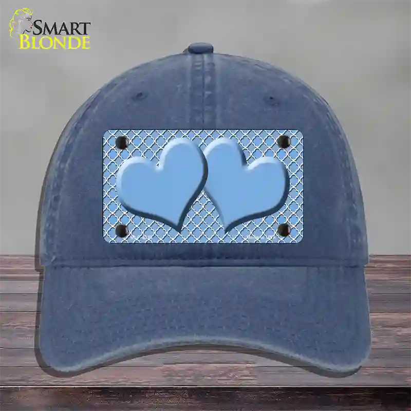 Light Blue White Quatrefoil Light Blue Center Hearts Novelty License Plate Hat Unconstructed Cotton / Navy