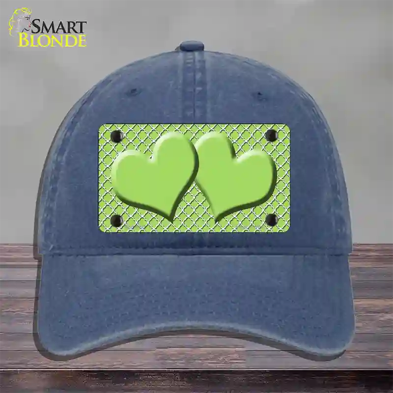 Lime Green White Quatrefoil Lime Green Center Hearts Novelty License Plate Hat Unconstructed Cotton / Navy