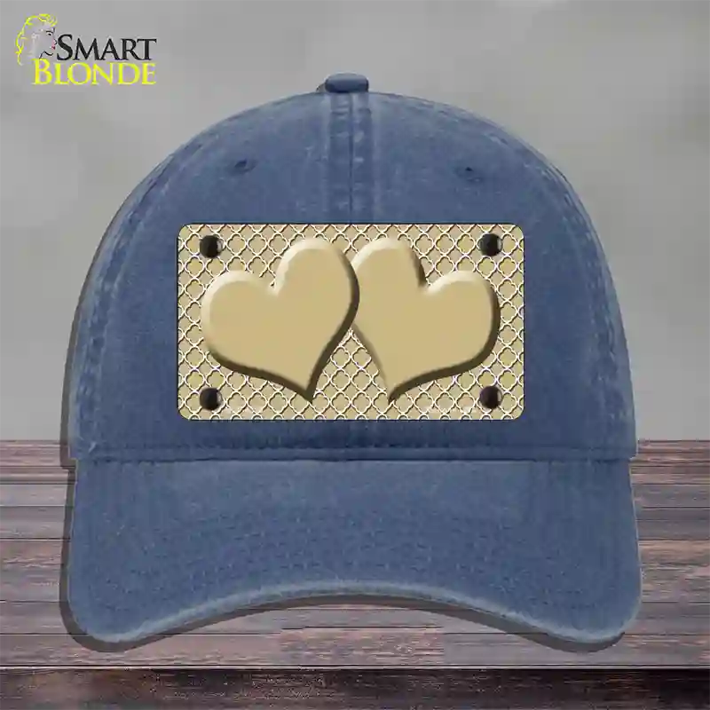 Gold White Quatrefoil Gold Center Hearts Novelty License Plate Hat Unconstructed Cotton / Navy