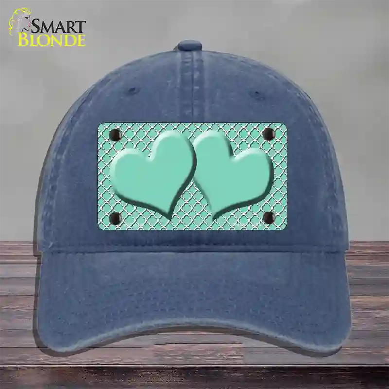 Mint White Quatrefoil And Mint Center Hearts Novelty License Plate Hat Unconstructed Cotton / Navy