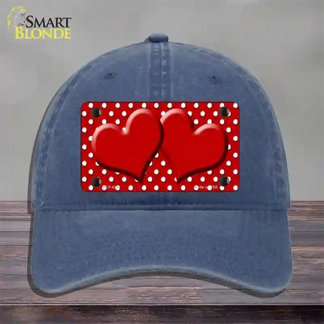 Red White Polka Dot Center Hearts Novelty License Plate Hat Unconstructed Cotton / Navy