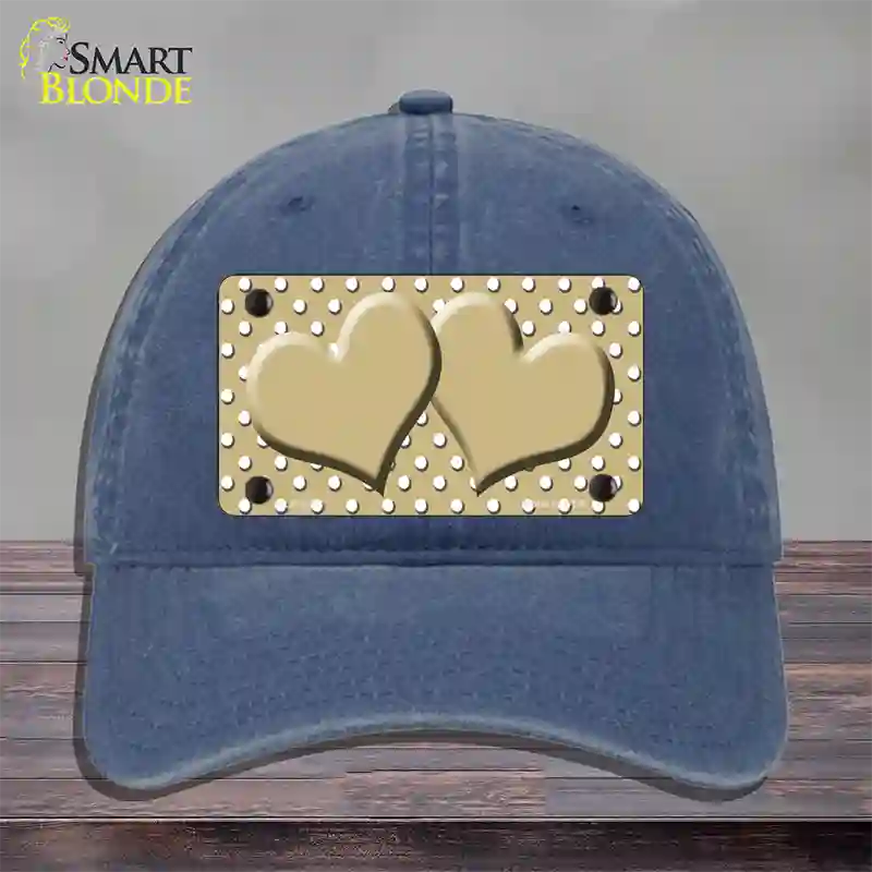 Gold White Polka Dot Center Hearts Novelty License Plate Hat Unconstructed Cotton / Navy