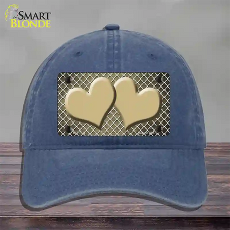 Gold White Quatrefoil Hearts Oil Rubbed Novelty License Plate Hat Unconstructed Cotton / Navy