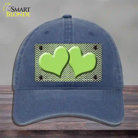 Lime Green White Small Chevron Hearts Oil Rubbed Novelty License Plate Hat Unconstructed Cotton / Navy
