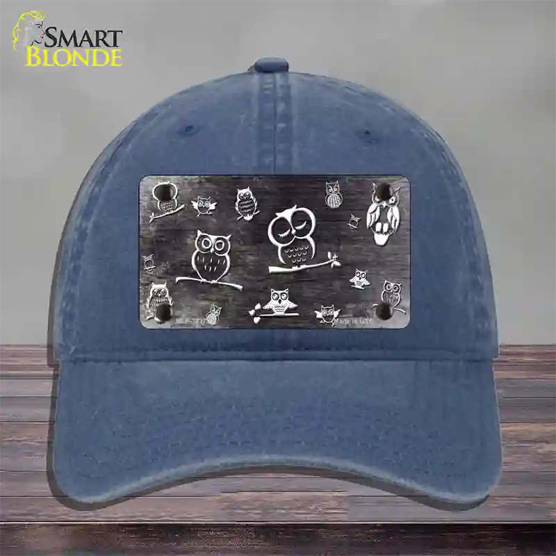 Black White Owl Oil Rubbed Novelty License Plate Hat Unconstructed Cotton / Navy