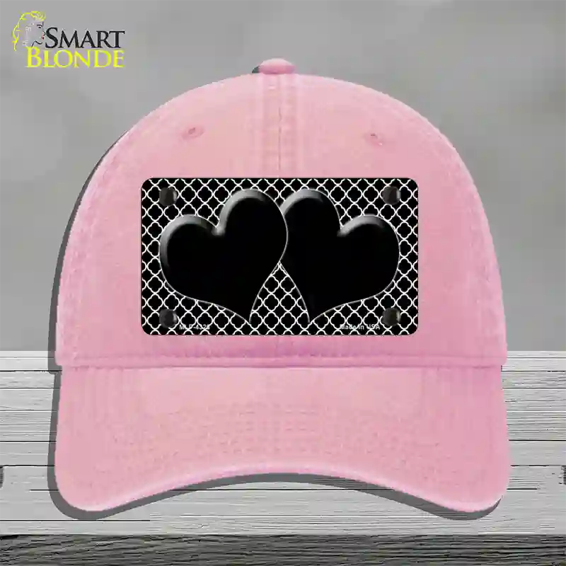 Black White Quatrefoil Black Center Hearts Novelty License Plate Hat Unconstructed Cotton / Pink