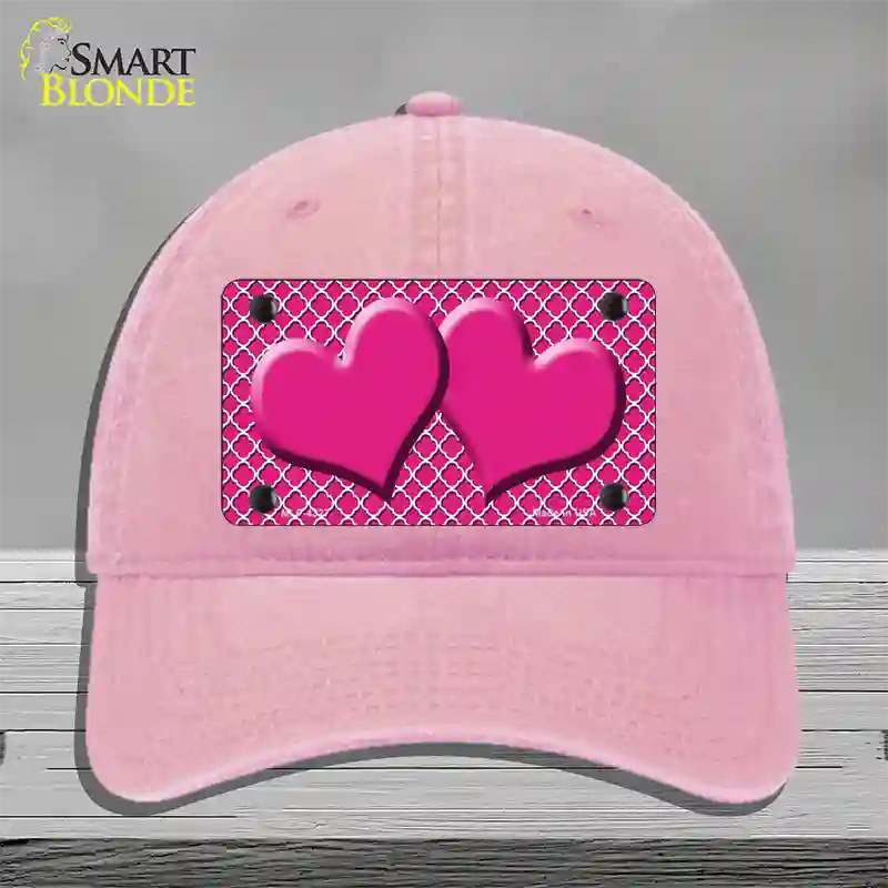 Pink White Quatrefoil Hot Pink Center Hearts Novelty License Plate Hat Unconstructed Cotton / Pink
