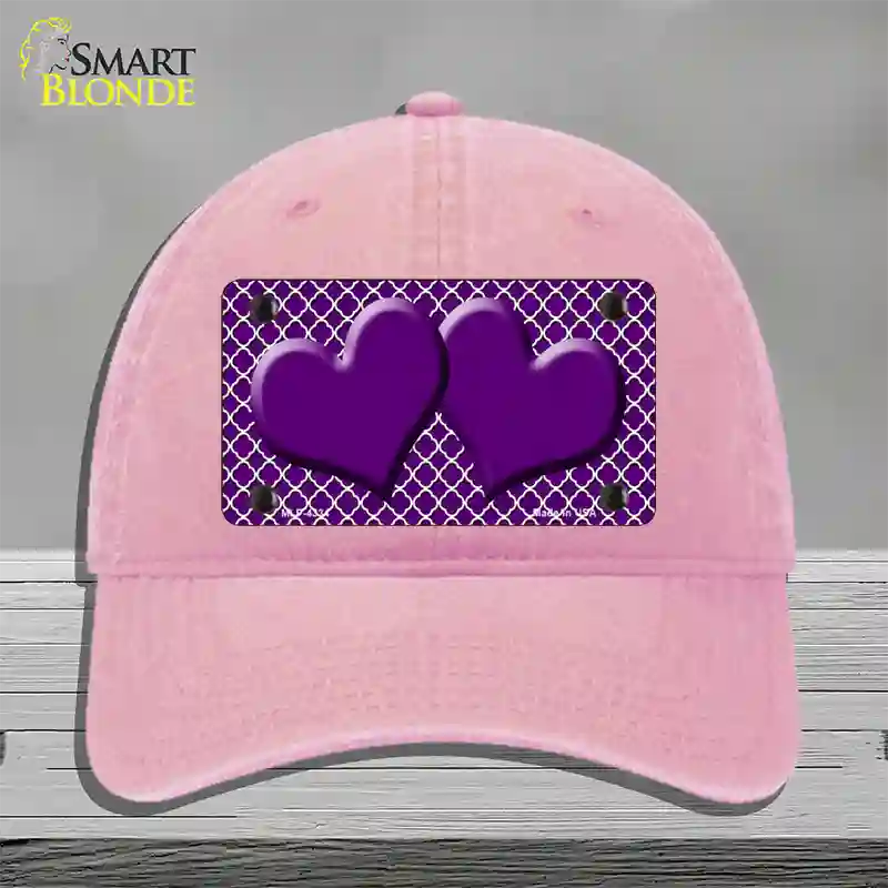 Purple White Quatrefoil Purple Center Hearts Novelty License Plate Hat Unconstructed Cotton / Pink
