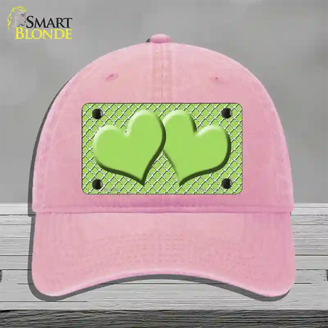 Lime Green White Quatrefoil Lime Green Center Hearts Novelty License Plate Hat Unconstructed Cotton / Pink