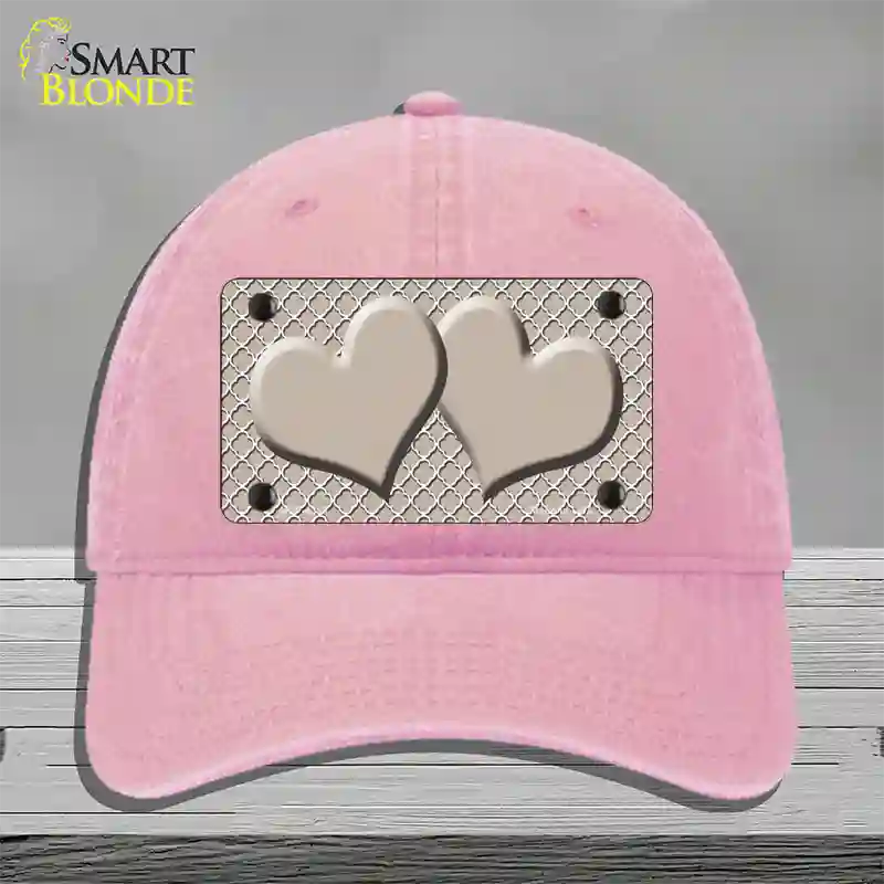 Tan White Quatrefoil Tan Center Hearts Novelty License Plate Hat Unconstructed Cotton / Pink