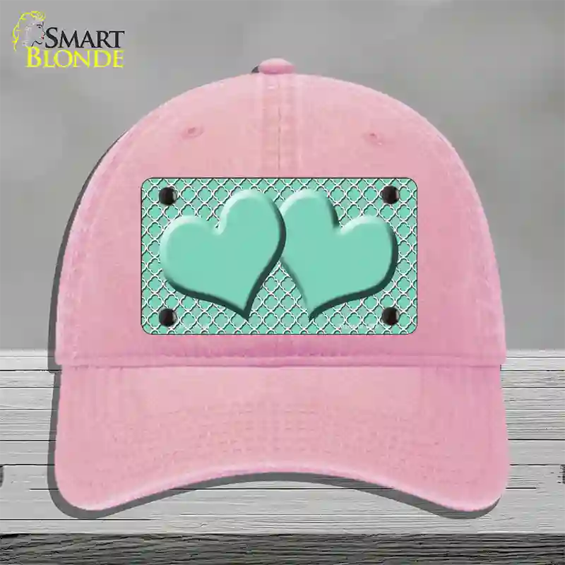 Mint White Quatrefoil And Mint Center Hearts Novelty License Plate Hat Unconstructed Cotton / Pink