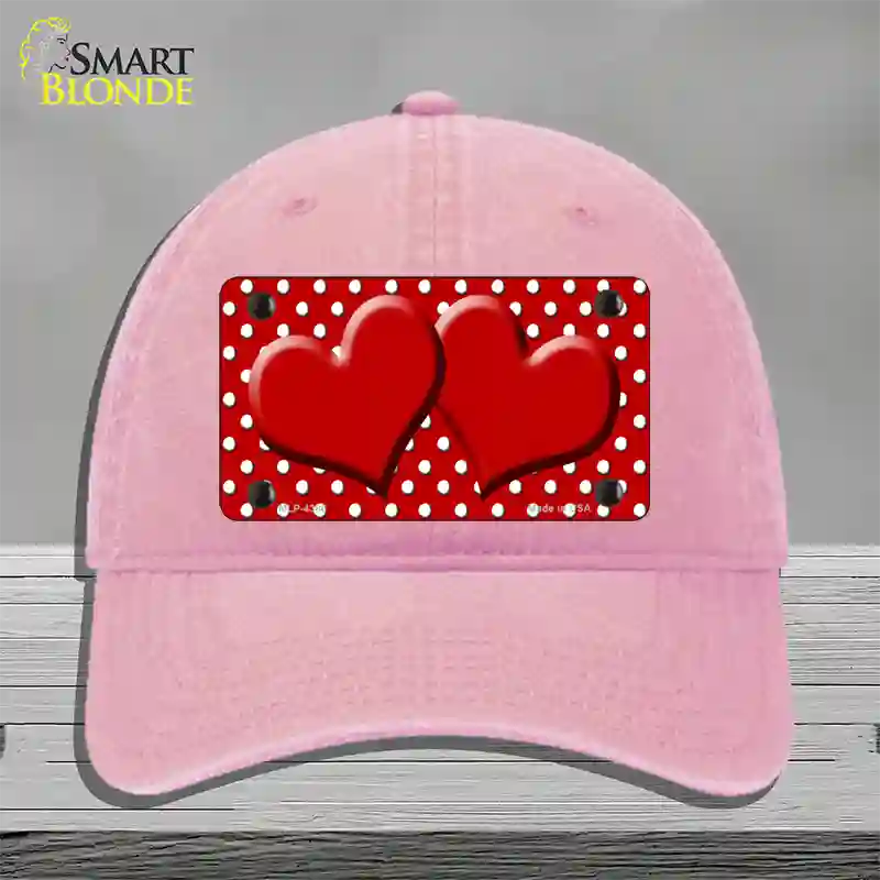 Red White Polka Dot Center Hearts Novelty License Plate Hat Unconstructed Cotton / Pink