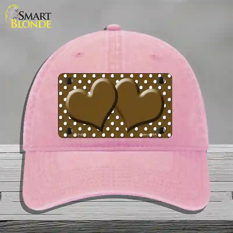 Brown White Polka Dot Center Hearts Novelty License Plate Hat Unconstructed Cotton / Pink