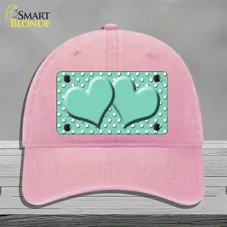 Mint White Polka Dot Center Hearts Novelty License Plate Hat Unconstructed Cotton / Pink