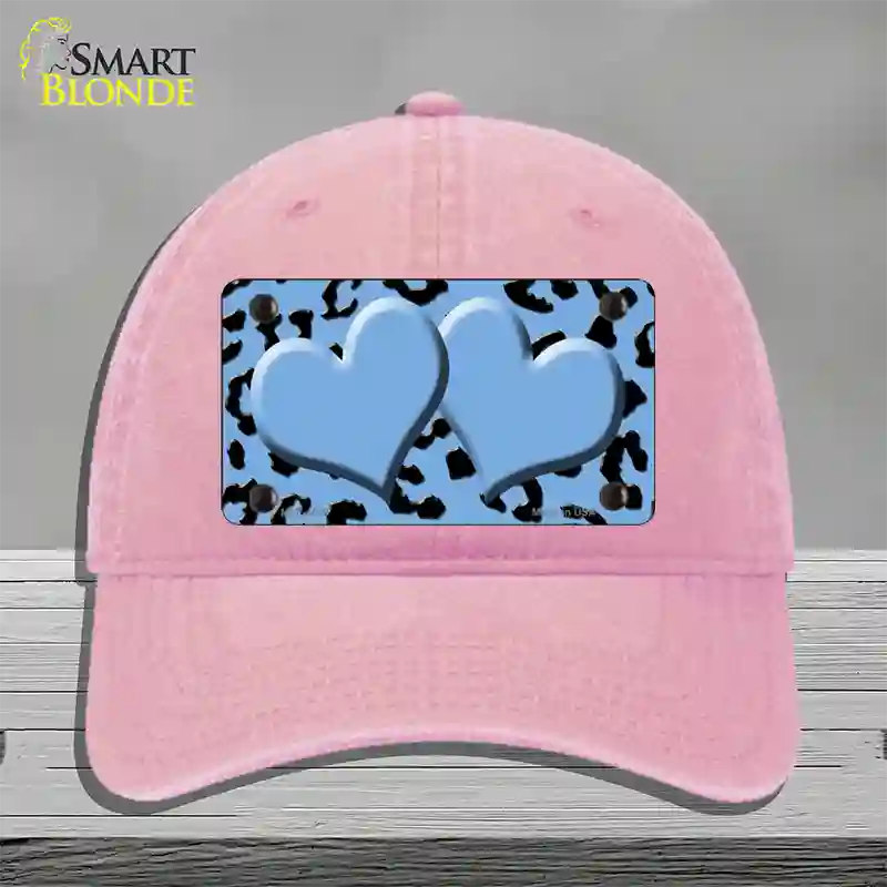 Light Blue Black Cheetah Light Blue Center Hearts Novelty License Plate Hat Unconstructed Cotton / Pink