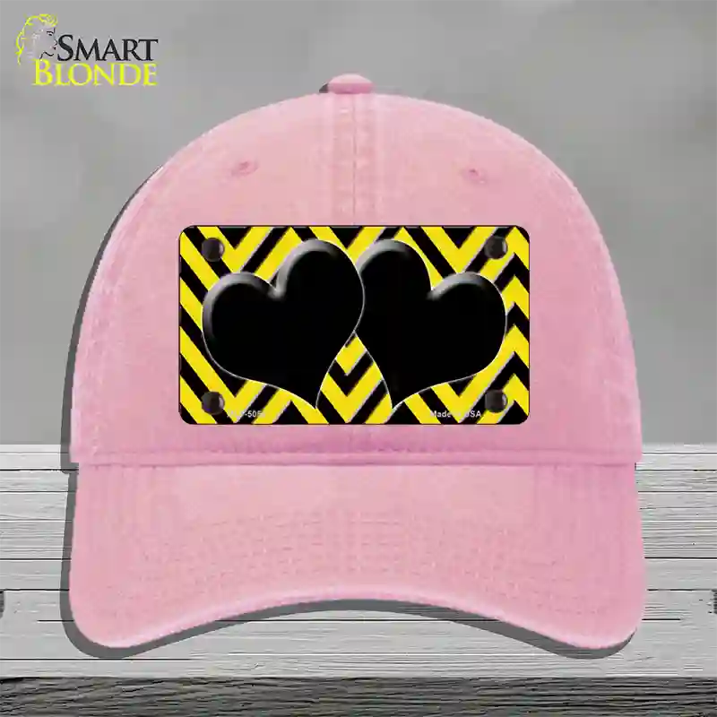 Yellow Black Chevon Hearts Novelty License Plate Hat Unconstructed Cotton / Pink