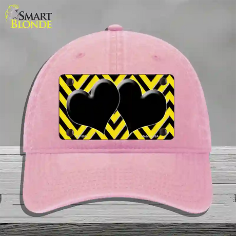 Yellow Black Chevon Hearts Novelty License Plate Hat Unconstructed Cotton / Pink