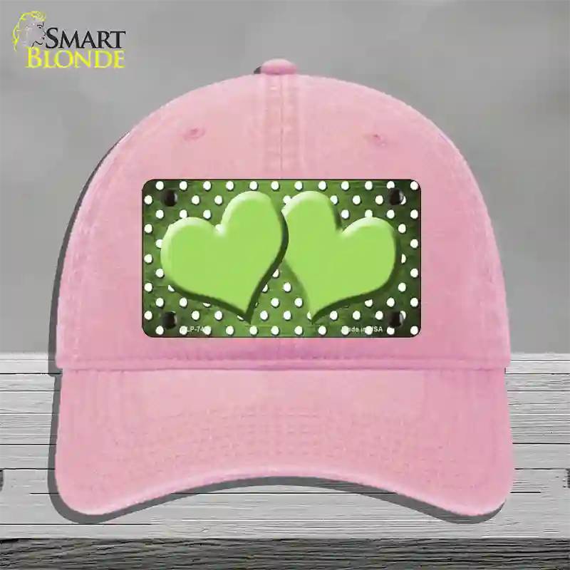 Lime Green White Small Dots Hearts Oil Rubbed Novelty License Plate Hat Unconstructed Cotton / Pink