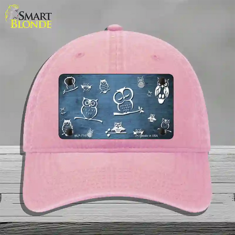 Light Blue White Owl Oil Rubbed Novelty License Plate Hat Unconstructed Cotton / Pink