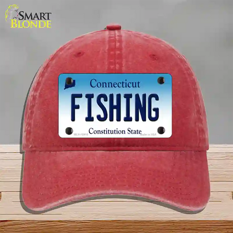 Fishing Connecticut Novelty License Plate Hat Unconstructed Cotton / Red