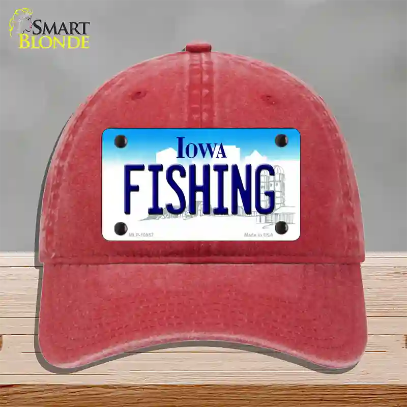 Fishing Iowa Novelty License Plate Hat Unconstructed Cotton / Red