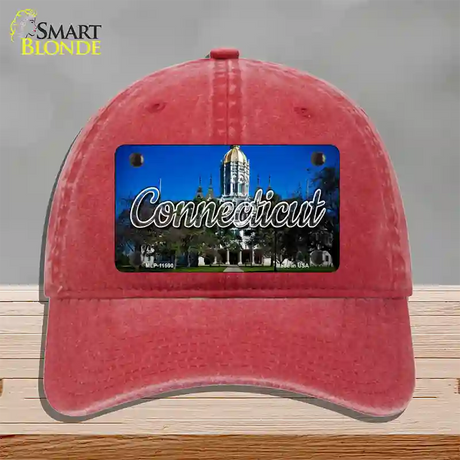 Connecticut Capital Building State Novelty License Plate Hat Unconstructed Cotton / Red