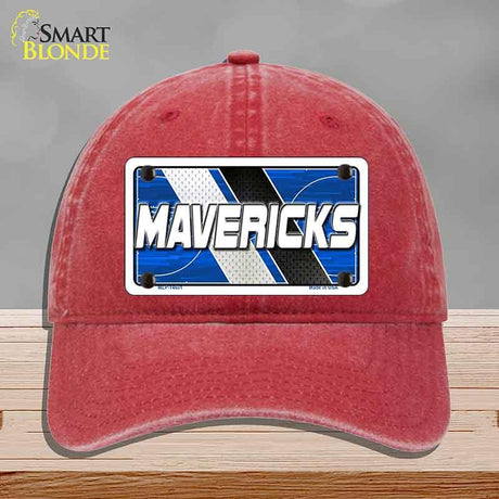 Red cap with a 'MAVERICKS' license plate design on a gray background