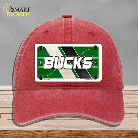 Red cap with a green and white license plate design featuring the word 'Bucks' on a gray background.