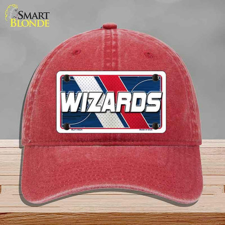 Red cap with a 'Wizards' license plate design on a gray background