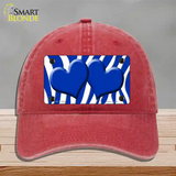 Blue White Zebra Blue Centered Hearts Novelty License Plate Hat Unconstructed Cotton / Red