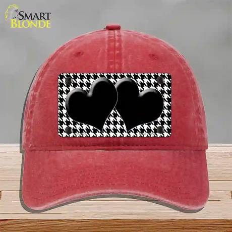 White Black Houndstooth Black Center Hearts Novelty License Plate Hat Unconstructed Cotton / Red