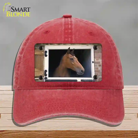 Horse In Barn Novelty License Plate Hat Unconstructed Cotton / Red