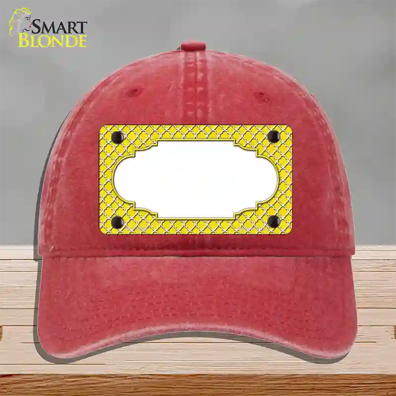 Yellow White Quatrefoil Center Scallop Novelty License Plate Hat Unconstructed Cotton / Red