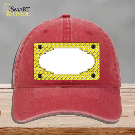Yellow White Quatrefoil Center Scallop Novelty License Plate Hat Unconstructed Cotton / Red