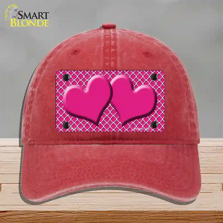 Pink White Quatrefoil Hot Pink Center Hearts Novelty License Plate Hat Unconstructed Cotton / Red