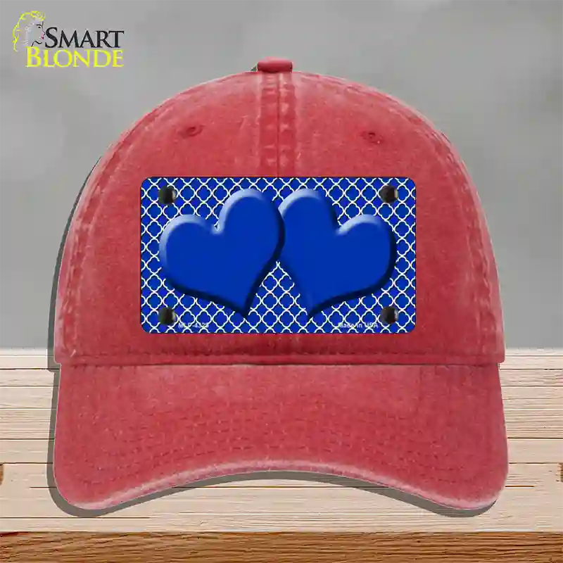 Blue White Quatrefoil Blue Center Hearts Novelty License Plate Hat Unconstructed Cotton / Red