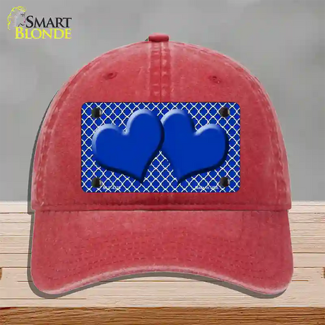 Blue White Quatrefoil Blue Center Hearts Novelty License Plate Hat Unconstructed Cotton / Red