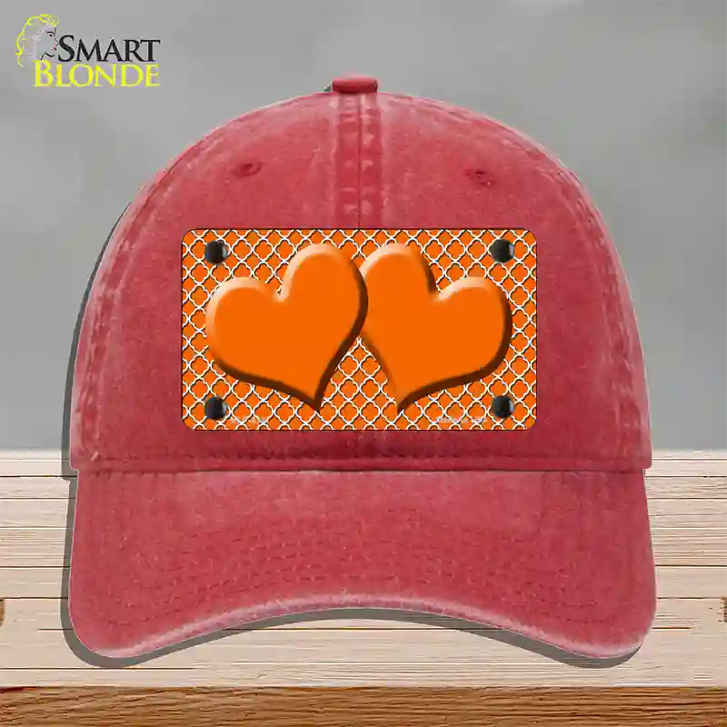 Orange White Quatrefoil Orange Center Hearts Novelty License Plate Hat Unconstructed Cotton / Red