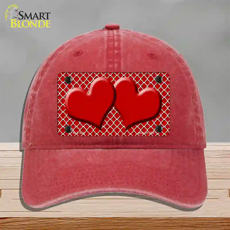 Red White Quatrefoil Red Center Hearts Novelty License Plate Hat Unconstructed Cotton / Red