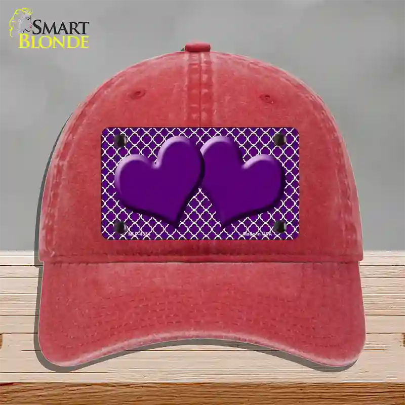 Purple White Quatrefoil Purple Center Hearts Novelty License Plate Hat Unconstructed Cotton / Red