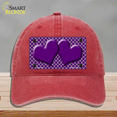 Purple White Quatrefoil Purple Center Hearts Novelty License Plate Hat Unconstructed Cotton / Red